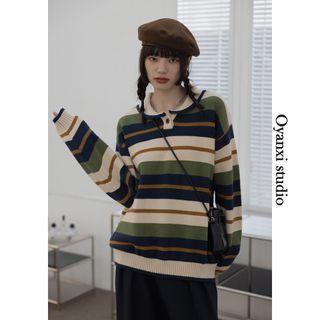 Polo-neck Color Block Striped Knit Top