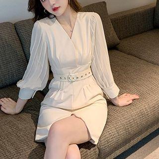 Puff-sleeve Belt-waist A-line Dress