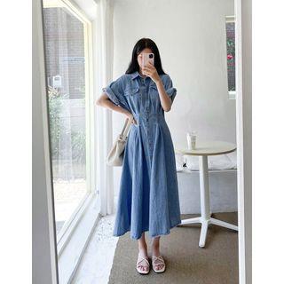 Pintuck-waist Flared Long Denim Shirtdress Light Blue - One Size