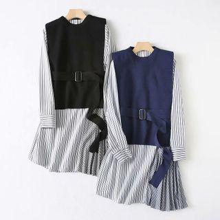 Set: Long-sleeve Striped Midi Dress + Vest