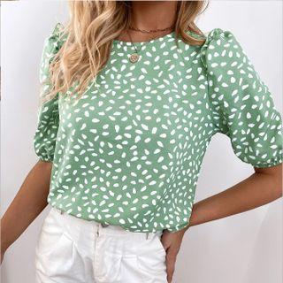 Short-sleeve Two-tone Patterned Blouse