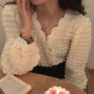 V-neck Faux Pearl Button Lace Trim Top Off-white - One Size