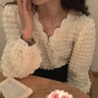 V-neck Faux Pearl Button Lace Trim Top Off-white - One Size