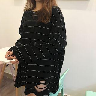 Pinstriped Distressed Long Sleeve T-shirt