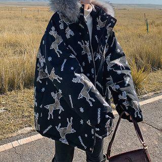 Deer Print Hooded Zip Jacket