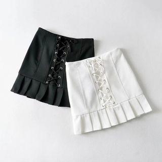 Lace-up Pleated Mini Pencil Skirt
