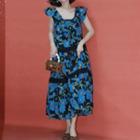 Sleeveless Floral Midi Smock Dress Blue - One Size