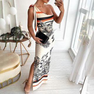 One-shoulder Animal Print Midi Sheath Dress