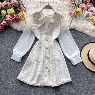 Set: Bow Neck Chiffon Shirt + Tweed Tank Dress