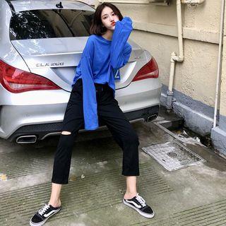 Long-sleeve Top / Ripped Straight-cut Pants