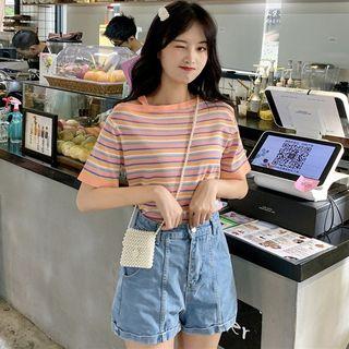 Off-shoulder Rainbow Striped Knit Top