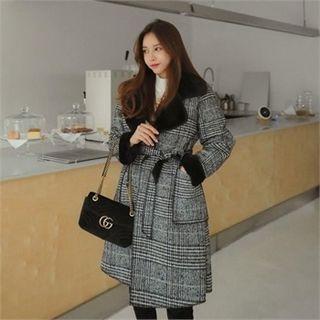 Faux-fur Lined Glen-plaid Coat With Sash Black - One Size