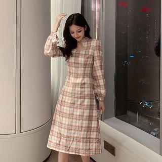 Long-sleeve Cutout Check A-line Dress