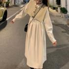 Long-sleeve Midi A-line Dress / Single-breasted Knit Shawl