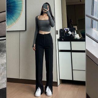 Slit-hem Straight-fit Dress Pants