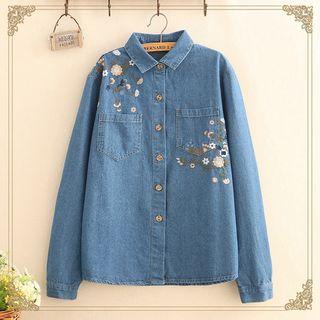 Pocket-front Floral Embroidered Denim Shirt As Shown In Figure - One Size