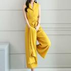 Set: Buttoned Long Coat + Sleeveless Jumpsuit