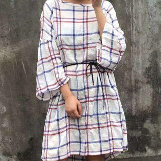 Plaid 3/4-sleeve Dress With Cord