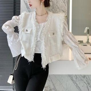 Long-sleeve Square-neck Ruffled Top / Frayed Trim Vest