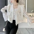 Long-sleeve Square-neck Ruffled Top / Frayed Trim Vest