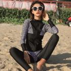 Set: Plain Tankini + Long-sleeve Houndstooth Rashguard + Swim Shorts + Swim Pants