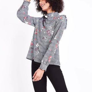 Mock Neck Frilled Plaid Blouse