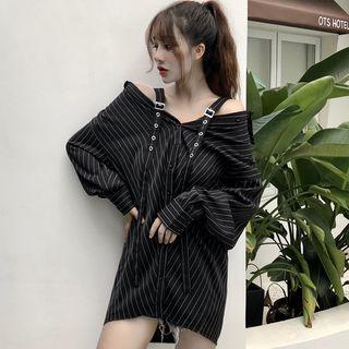 Belt-strap Cold-shoulder Striped Blouse