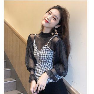 Balloon-sleeve Mesh Top / Tweed Peplum Camisole Top