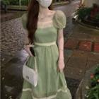 Puff-sleeve Midi A-line Dress Green & Beige - One Size