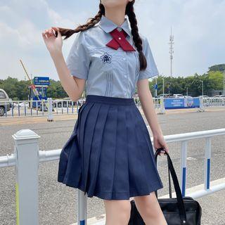 Short-sleeve Logo Embroidered Shirt / Ribbon Tie / Pleated Mini A-line Skirt / Set