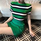 Striped Slim-fit Knit Top / Plain Skirt