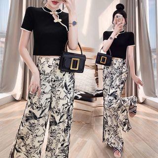 Set: Short-sleeve Top + Print Wide-leg Pants