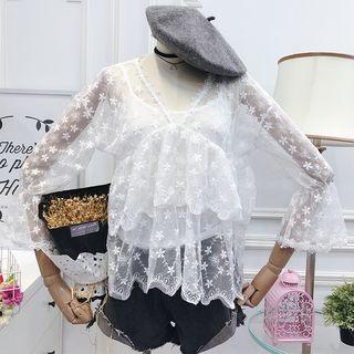 Set: Bell-sleeve Embroidered Mesh Top + Camisole