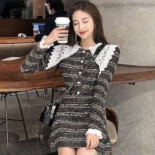 Set: Striped Long-sleeve Collared Top + Mini Skirt