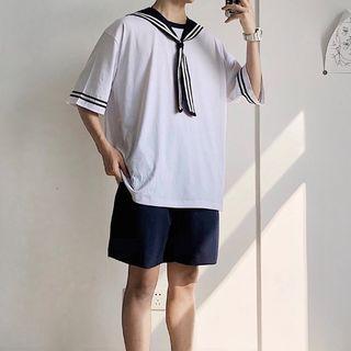 Set: Short-sleeve Sailor-collar Top + Shorts