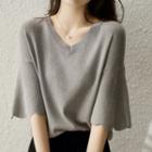 Elbow-sleeve V-neck Knit Top Gray - One Size