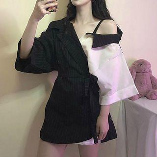 Cold-shoulder 3/4-sleeve Pinstriped Panel A-line Dress As Shown In Figure - One Size