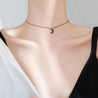 Moon Pendant Sterling Silver Choker Black - One Size