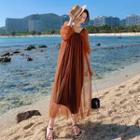 Off-shoulder Mesh-panel Maxi Sundress