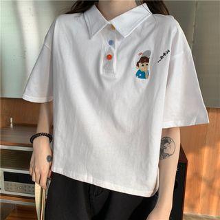 Short-sleeve Collar Cartoon Embroidered T-shirt