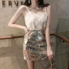 Lace Camisole Top / Sequined Mini Pencil Skirt