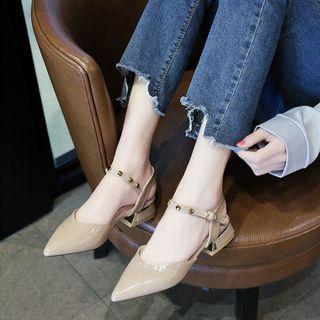 Patent Studded Ankle Strap Low Heel Sandals