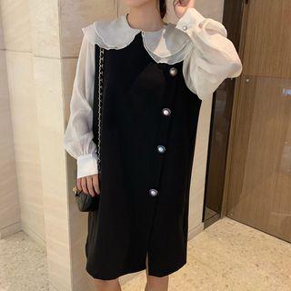 Mock Two-piece Layered Collar Long-sleeve Dress Black & Beige - One Size