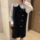 Mock Two-piece Layered Collar Long-sleeve Dress Black & Beige - One Size