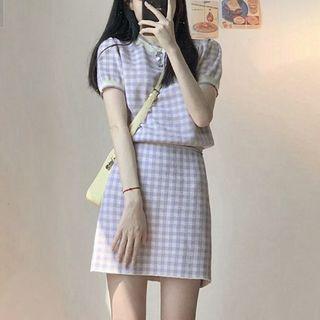 Set: Gingham Knit Crop Top + Mini A-line Skirt
