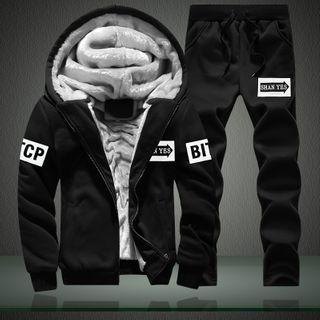 Set: Lettering Zip-up Hooded Jacket + Harem Pants