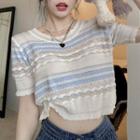 Short-sleeve Color Block Striped Round-neck Knit Top Blue & White - One Size