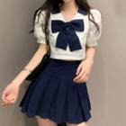 Set: Puff-sleeve Bow Blouse + A-line Skirt + Bow Tie