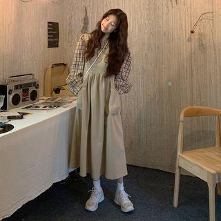 V-neck Pocket Pinafore Dress + Long-sleeve Plaid Shirt