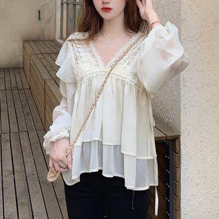 V-neck Lace Panel Blouse Almond - One Size